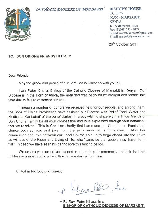 Lettera del Vescovo di Marsabit