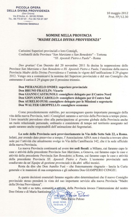 Decreto di nomina del nuovo Superiore e Consiglio in Italia