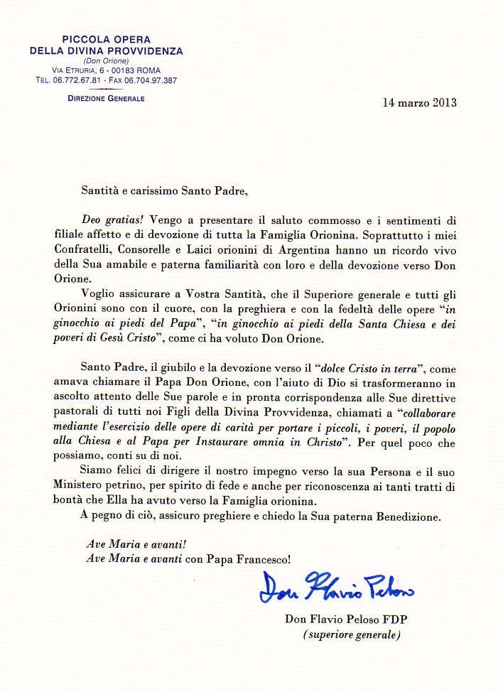 Esempio Di Lettera A Papa Francesco Don Orione- - Lettera a Sua Santità il Papa Francesco